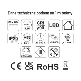 Taśma COB 480 LED/m IP20 11,2W/m 24V DC- parametry techniczne