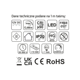 Taśma LED COB FREE CUT 528 LED/m 13,4W/m 25m- parametry techniczne