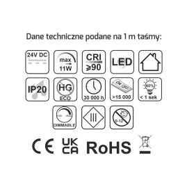 Taśma COB SLIM 5 mm 384 LED/m IP20 11W/m 24V DC- parametry techniczne