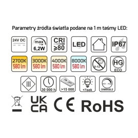 Taśma LED Neon Flex IP67 6,2W/m 24V DC- 25m-parametry techniczne