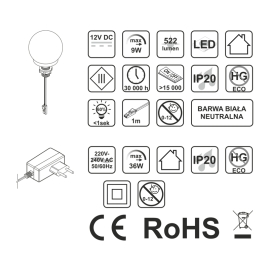 Zestaw 9 żarówek BUMI z zasilaczem i wyłącznikiem nożnym- parametry techniczne