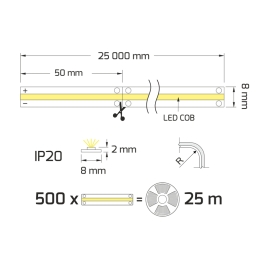 Taśma COB 480 LED/m IP20 12,8W/m 24V DC - 25m- rysunek techniczny