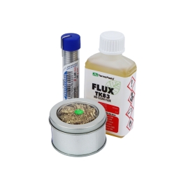 ZESTAW akcesoriów do lutowania taśm LED - cyna, kalafonia z czyścikiem,
topnik z pędzelkiem.