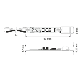 Wyłącznik XC60 do profili LED ze złączką UNI z przewodem - rysunek techniczny.