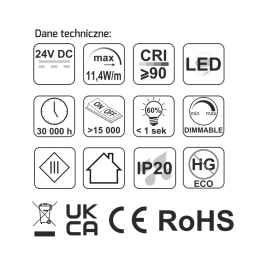 Parametry techniczne taśmy LED COB 480 LED/m IP65 11,4 W/m 24VDC ze złączkami LED