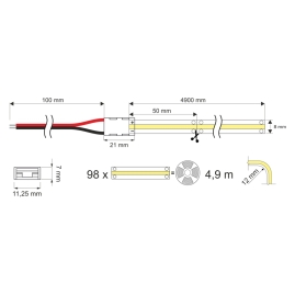 Rysunek techniczny taśmy COB 480LED/m na 24VDC z IP65 z wymiarami złączek.