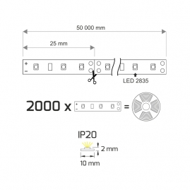 Taśma PREMIUM 120 LED/m 12V DC typ 2835 IP20 18W/m 50 m- rysunek techniczny